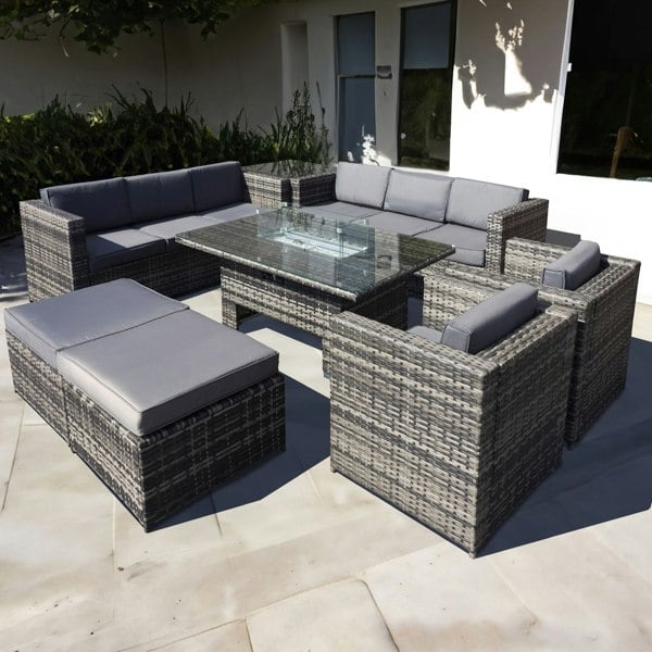 Oseasons Malta Rattan 10 Seat Rising Firepit U-Shape Set in Grey Walnut with 2 Footstools