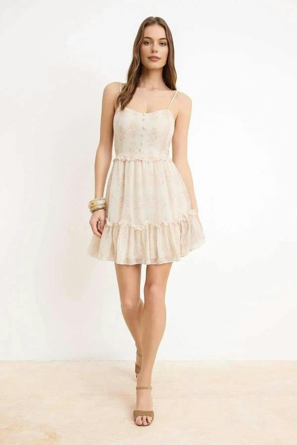 WOVCOR Floral Patterned V-Neck Mini Lined Chiffon Woven Dress