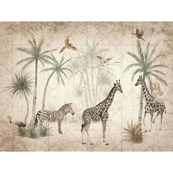 Grandeco Animal Jungle Giraffe and Zebra 7 panel Mural 3.71 x 2.8m, Beige