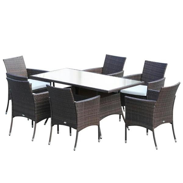 Brown rattan dining set with rectangular tempered-glass table and six armchairs
