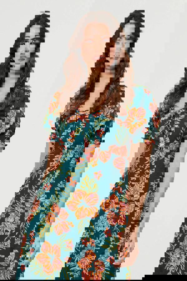 Green | Floral Tie Short Puff Sleeve Midi Dress