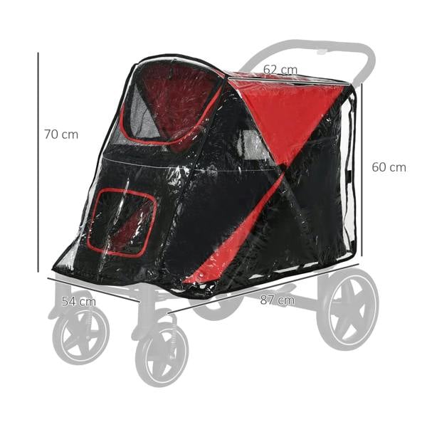 Pet stroller rain cover, red and black with clear front window and measured dimensions