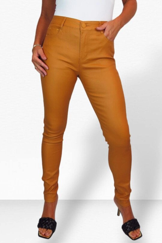Paulo Due Womens Skinny Coated Leather Look Jeans - Mustard