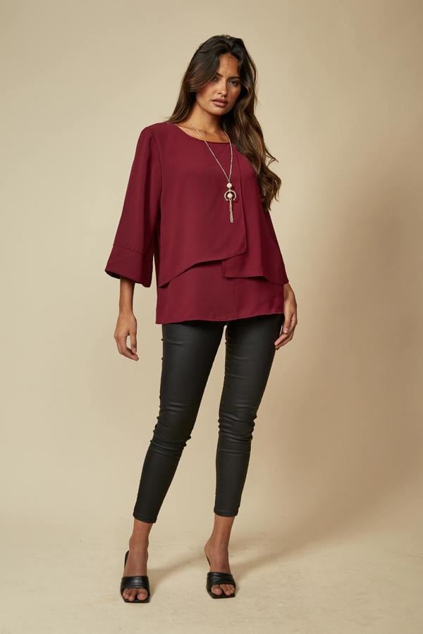 Hoxton Gal Layered Top With 3/4 Sleeves in Burgundy with Necklace