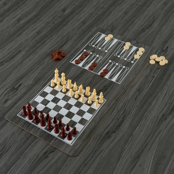 Chess and checkers game boards with red, yellow, and brown pieces on a grey 7-in-1 games table with a sleek design