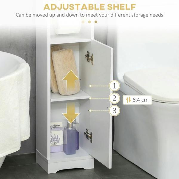 White bathroom cabinet with adjustable shelf and open compartments behind a door