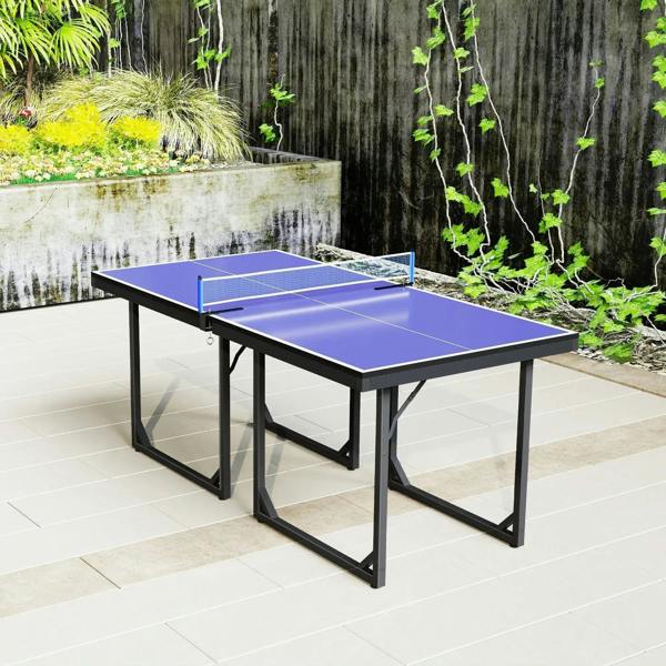 Outdoor-ready blue table tennis table with net and black legs on patio tiles
