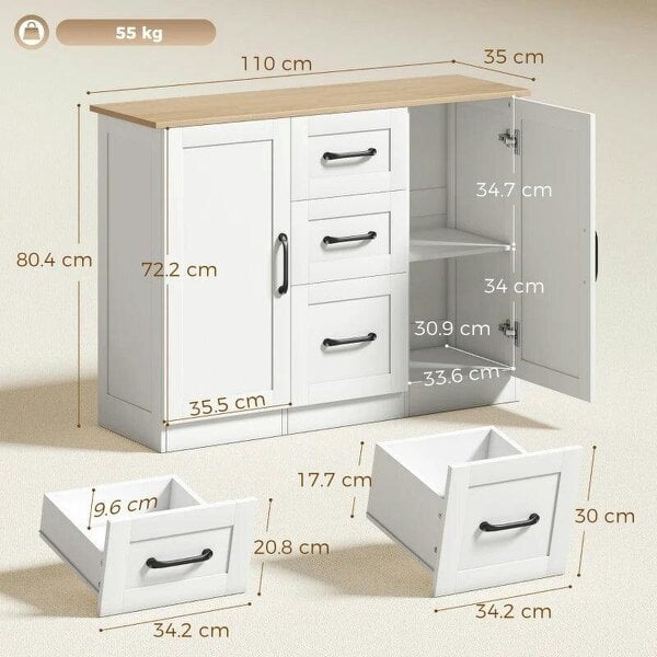 Sideboard Storage Cabinet, Modern 110 cm Buffet Storage Cabinet with 3 Drawers and 2 Soft Close Doors, White