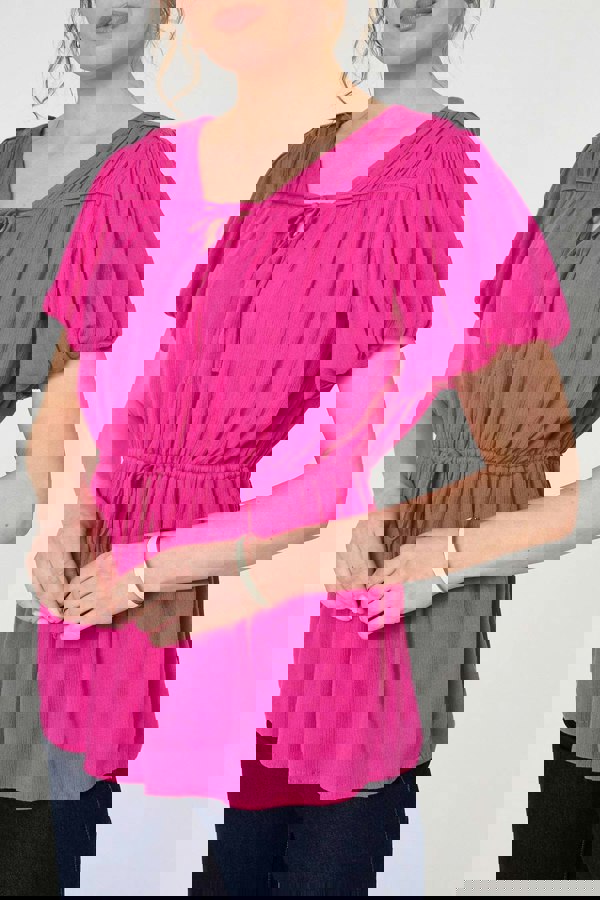 Pink | Ruched Short Puff Sleeve Peplum Blouse
