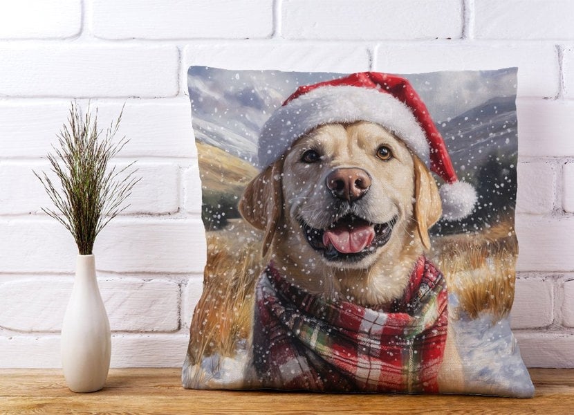 Warren Reed Christmas Yellow Labrador Cushion