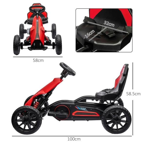 Red and black kids electric go-kart, shown side view with front wheel details