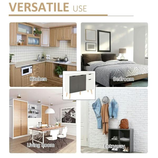 Multi-use floor cabinet with grey doors and white drawer fronts, wood legs