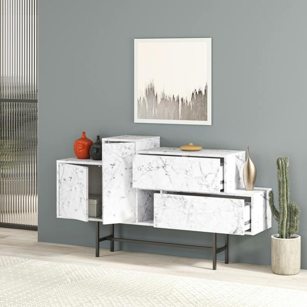 Decortie Hermes Console Sideboard Display Unit 2 Cabinets 2 Drawers Modern Storage White Marble Effect 160cm