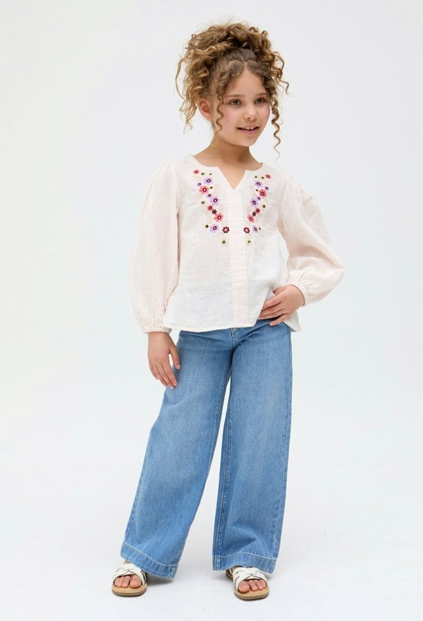 Kids Dina V-Neck Embroidered cotton Blouse In Cream - image 2