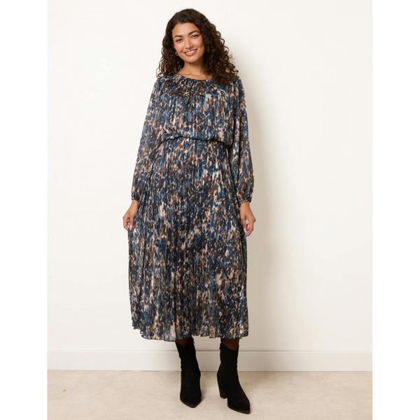 Blue Vanilla Metallic Leopard Print Pleated Scoop Pleated Dress
