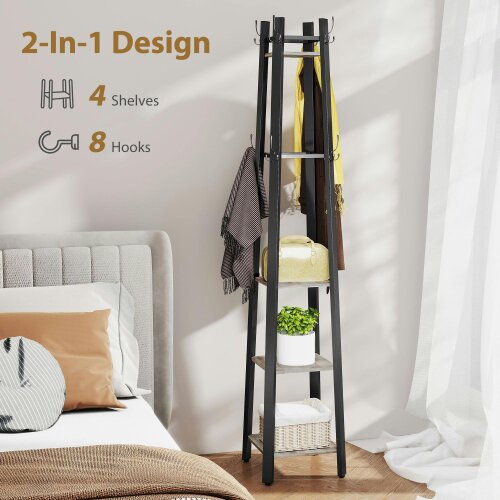Wyld Haus Savapa Metal And Wood Grey And Black 4 Tier Industrial Coat Stand With Shelves