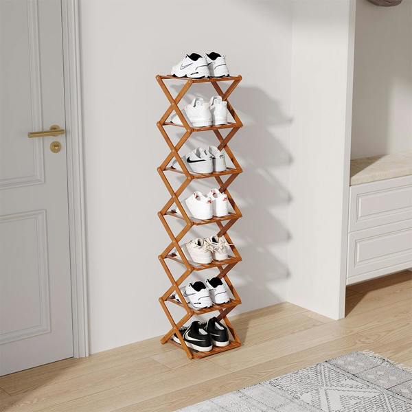 Living and Home 7 Tier Bamboo Folding Shoe Rack Shoe Storage Organiser - Brown