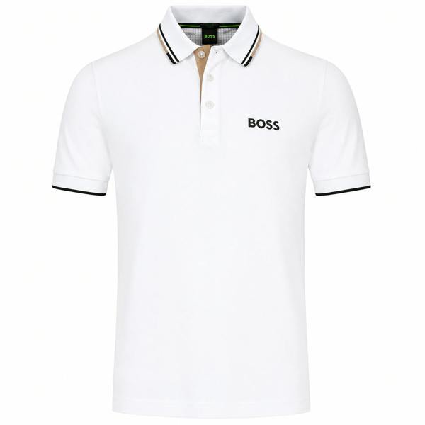White BOSS Paddy Pro polo shirt with black and natural striped collar, three-button placket, and black chest logo.
