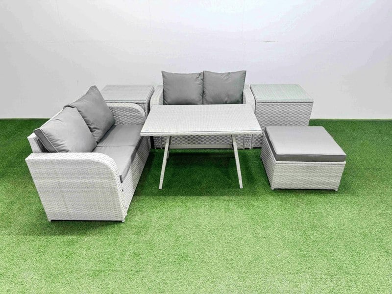 Fimous 5 Seater Outdoor Love Sofa Set Rattan Garden Furniture Set with Rectangular Dining Table 2 Side Tables Big Footstool Light Grey