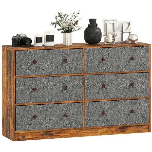 HOMCOM Chest of Drawers, Wide Dresser with 6 Grey Fabric Drawers & Steel Frame for Bedroom, Living Room, Hallway - Rustic Brown