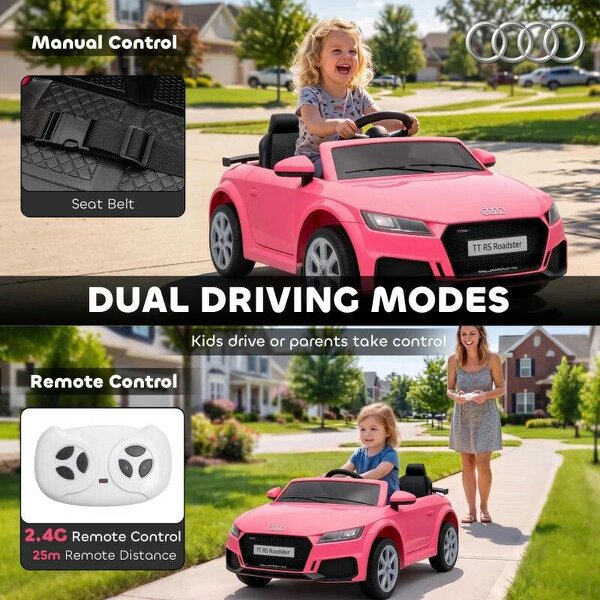 12V Audi TT RS Licensed Electric Car, Electric Ride On Toy with Remote Control, Dual Motors, 4-Wheel Suspension, Pink