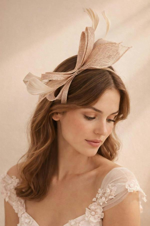 Bow Shaped Fascinator with Sinamay Curls & Feathers in Nude - svnx