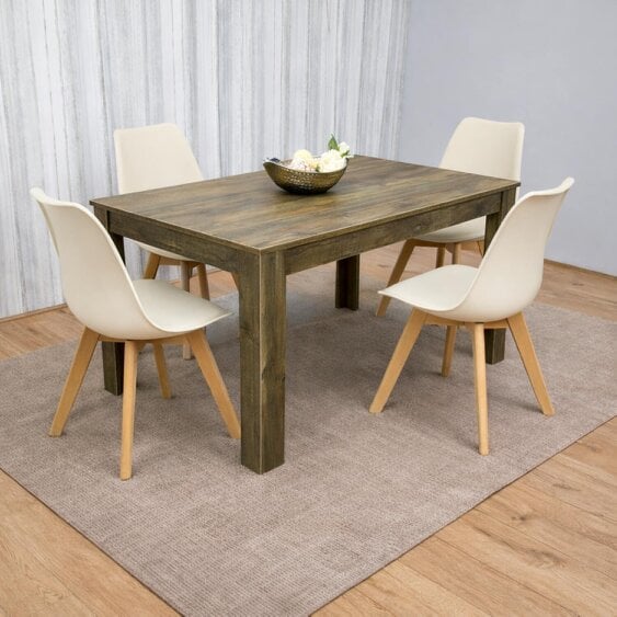 Kosy Koala Modern Rustic Effect Wood Dining Table With 4 Cream Plastic Chairs Dining Room Furniture