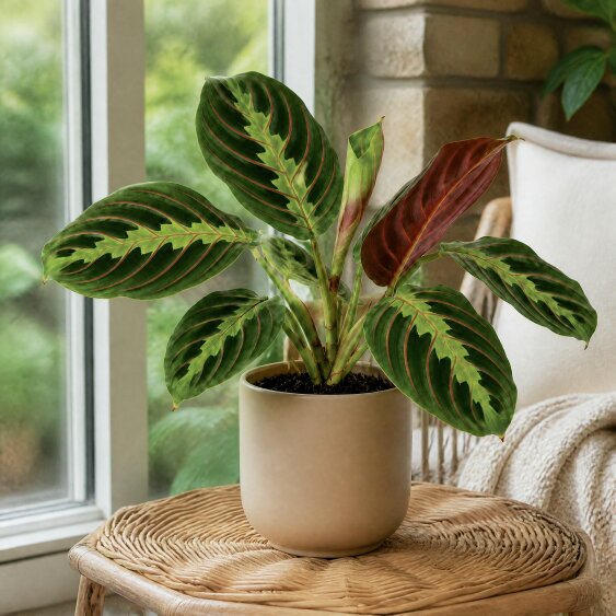 Maranta Leuconeura Prayer Plant 12cm - Beautiful Tricolour Indoor Foliage - Matt Pink Ceramic Pot - 1