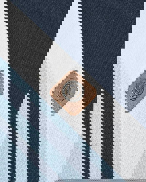 Lambretta Mens Vintage Classic Mod Ska Casual Smart Polo, close-up of fabric with navy and light blue stripes and leather tag detail.