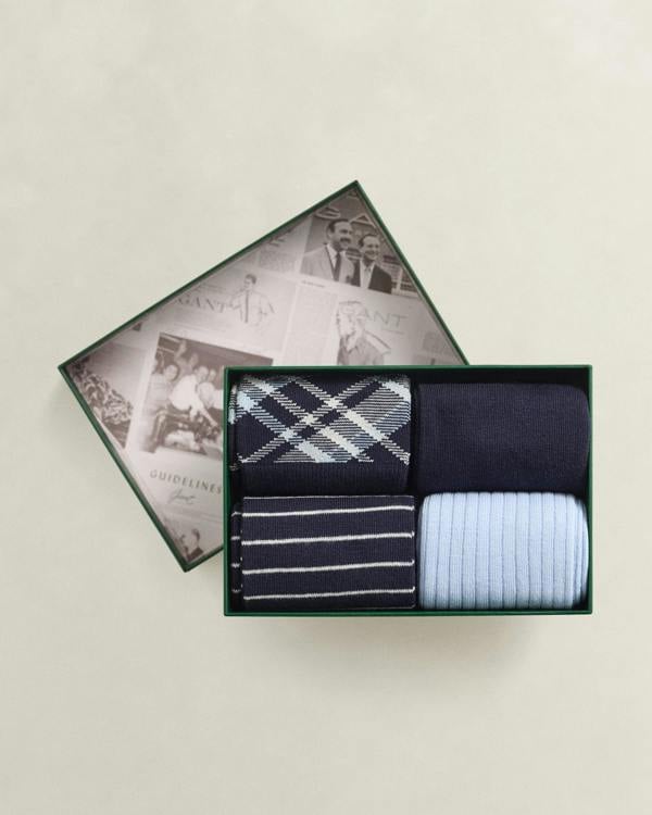 GANT Mens Checked Socks 4 - Pack Gift Box - 433 Evening Blue | CHO | Designer Mens Socks