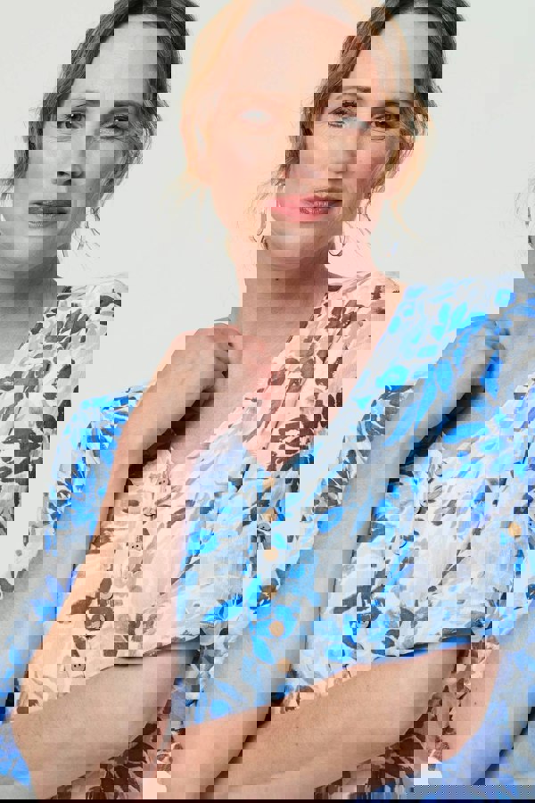 Blue | Floral Button Front Curve Hem Tunic
