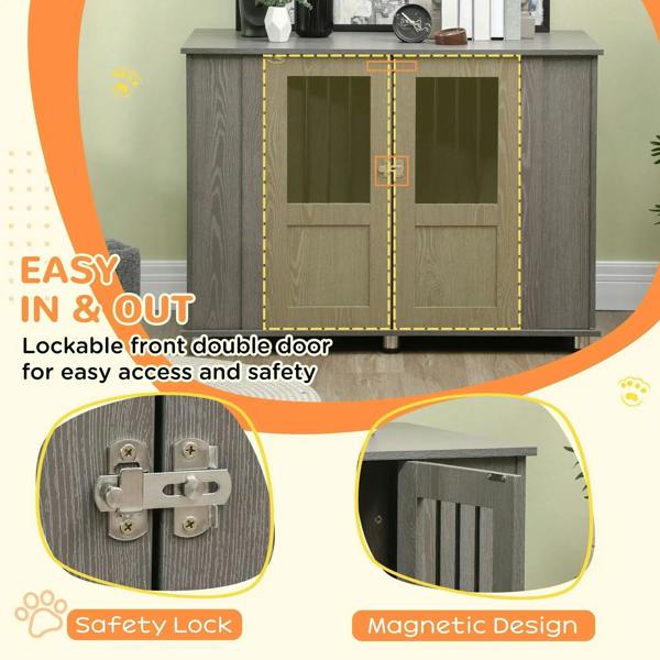 Dog crate table feature graphic with lockable front double door and safety lock inset