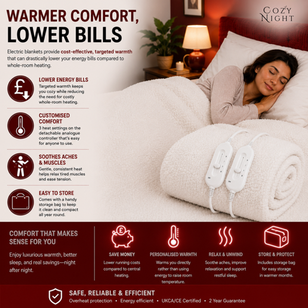 Cozy Night Superking Size Electric Blanket Heated with 3 Heat Settings - Quick Fit Underblanket - Fleece Material Machine Washable
