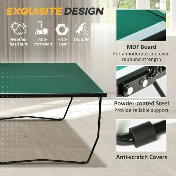 Green tennis table top with powder-coated steel frame and protective anti-scratch covers