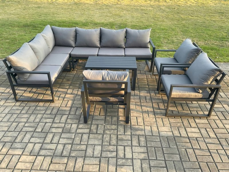 Fimous Aluminium Garden Furniture Set Outdoor Indoor Lounge Corner Sofa 3 Pcs Chair Oblong Coffee Table Sets Dark Grey 9 Seater