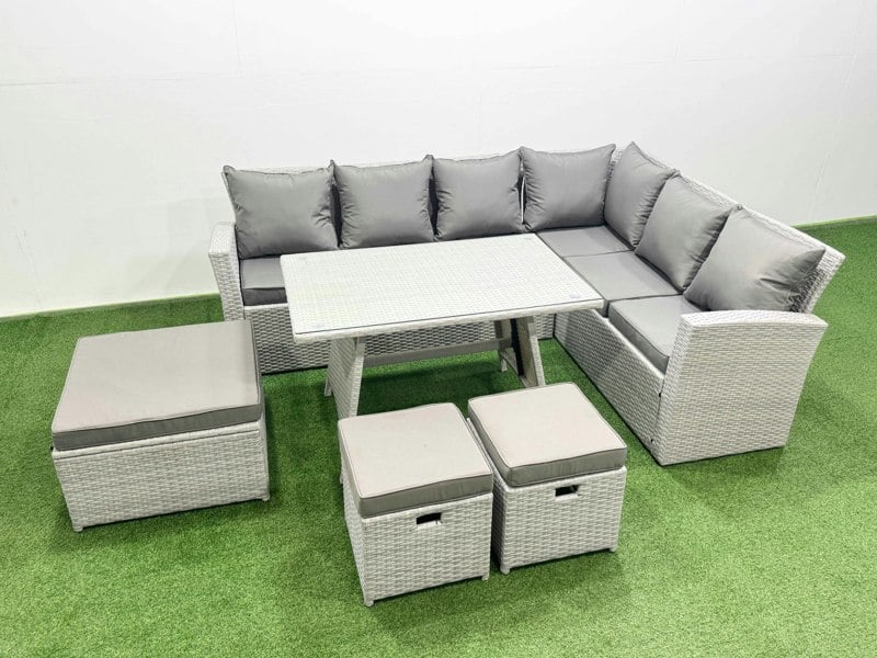 Fimous 9 Seater Garden Outdoor Rattan Furniture Set Rattan Corner Sofa Oblong Dining Table Set with 3 Footstools Light Grey Mixed