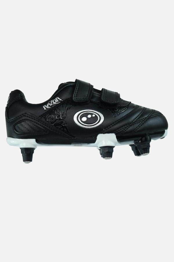 Black junior Optimum Razor football boot, side view with white logo, twin touch-fasten straps and screw-in studs - Optimum