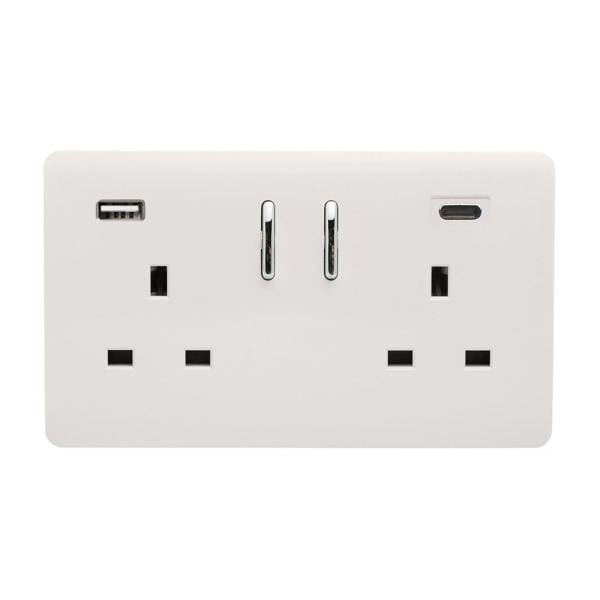 Trendi Switch 2 Gang USB 65W Type A & C USB Plug Socket in Ice White
