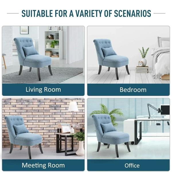 Blue fabric armchair with tufted back and cushion, styled for living and bedroom use.