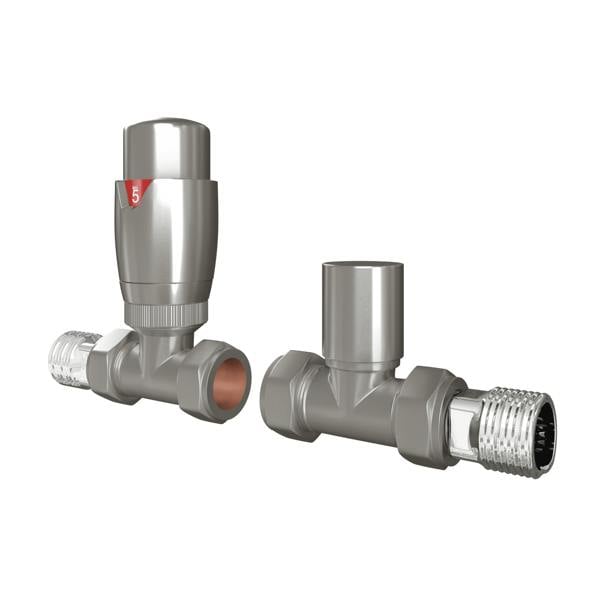 Flode Straight Round Thermostatic Radiator Valve Pack | 15mm x 1/2" | Brushed Steel