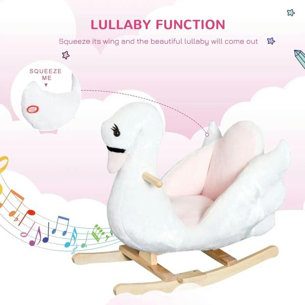 White plush swan rocking ride-on with pink padded seat and front wooden handle
