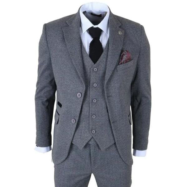 TruClothing IM41 - Men's Grey 3 Piece Tweed Herringbone Suits