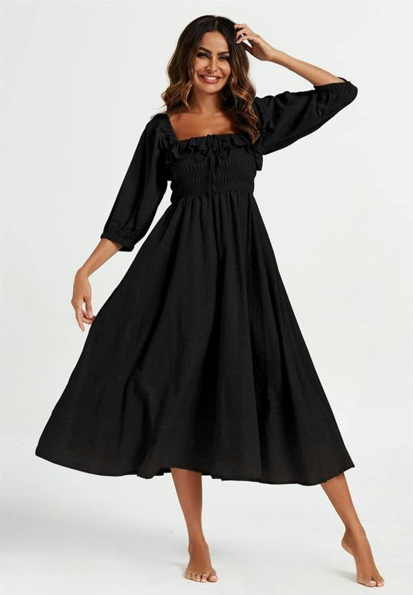 FS Collection Frill Detail Square Neckline Midi Dress In Black