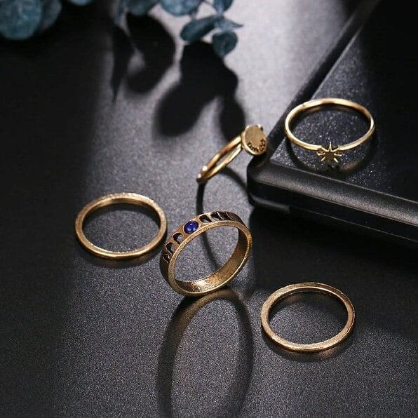 The Colourful Aura 5 Pcs Set Golden Bohemian Vintage Tribal Metallic Fashion Fingers Rings