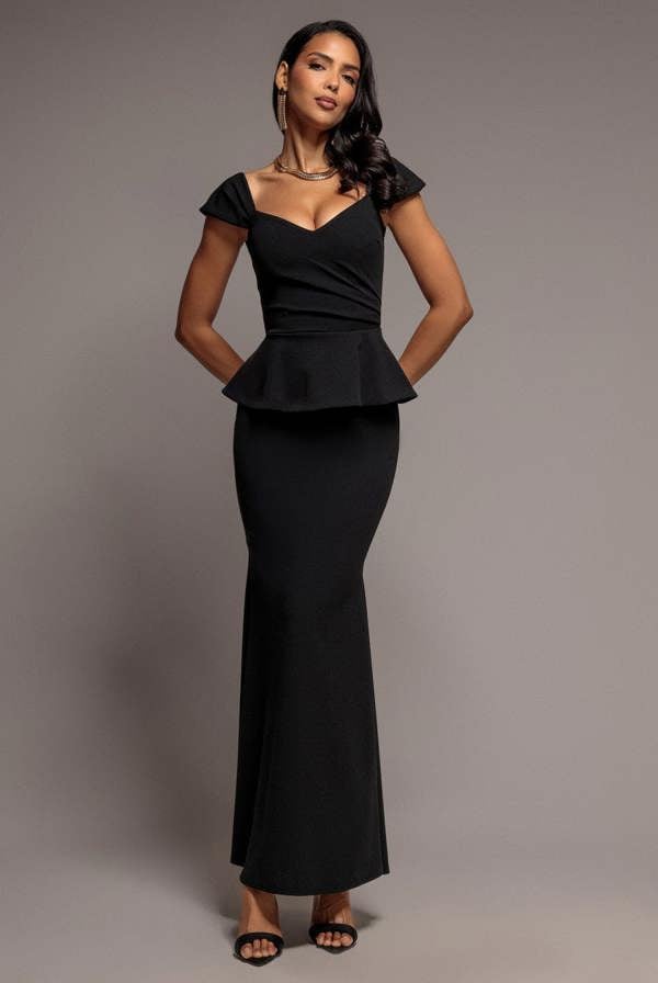 Cap Sleeve Sweetheart Peplum Scuba Maxi Dress - Black DR5302