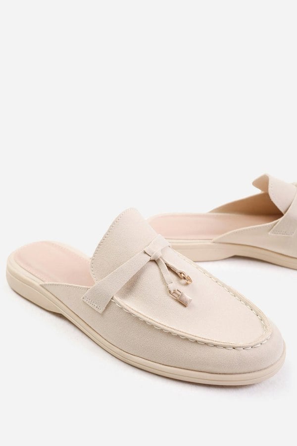 Where's That From Twilight Wide Fit Flat Slip on Loafer With Tassel Detail in Beige Suede