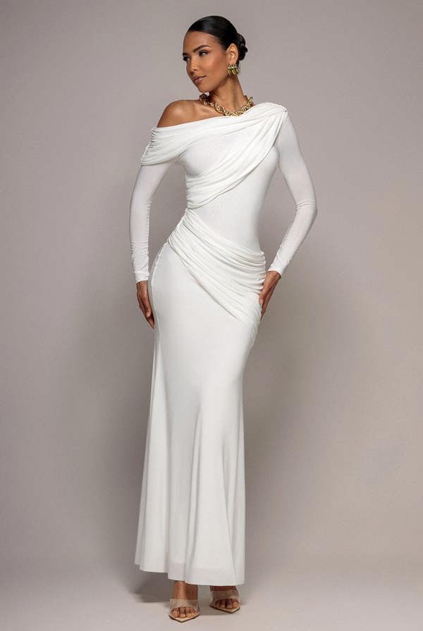 Off Shoulder Gathered Panel Soft Touch Maxi Dress - White DR5087