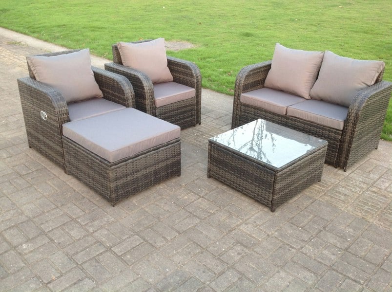 Fimous PE Rattan Garden Furniture Set Adjustable Chair Sofa Double Love Seat 2 Seater Sofa Square Coffee Table With Big Footstool