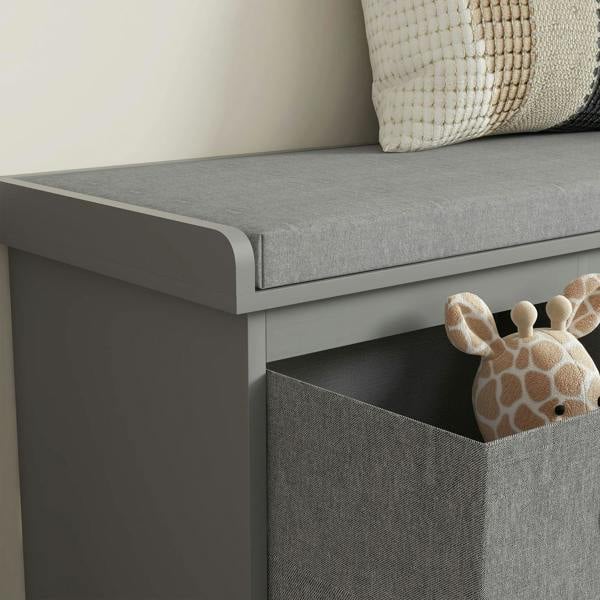 Grey shoe storage bench side view with open drawer and padded top seat