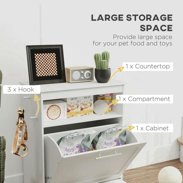 White pet feeder station with countertop, hooks, multiple compartments, and cabinet storage.